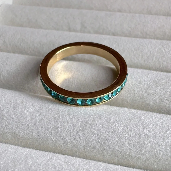 Blue Zircon CZ 18k Gold PVD Stainless Steel Stack Band Ring December Birthstone - Picture 3 of 9